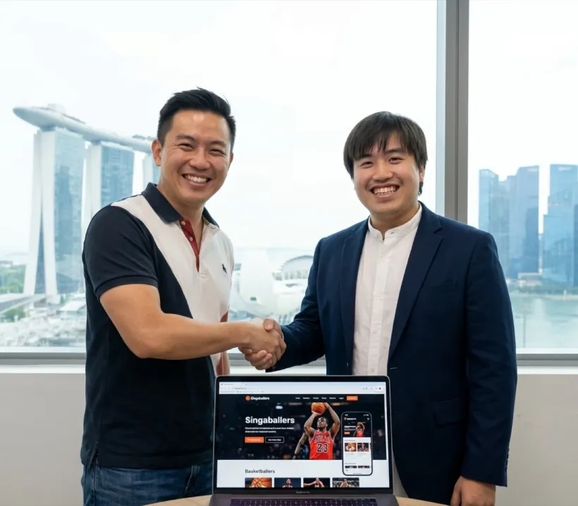 Joshua Lim handing over the Singaballers website and mobile apps to the client in Singapore