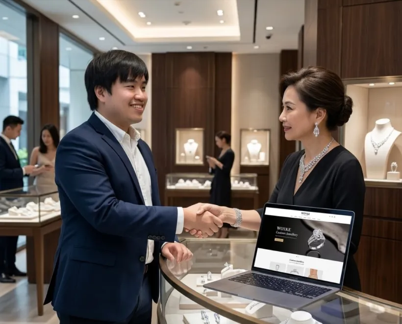 Joshua Lim handing over the WOYKE custom jewellery e-commerce platform to the client at the boutique